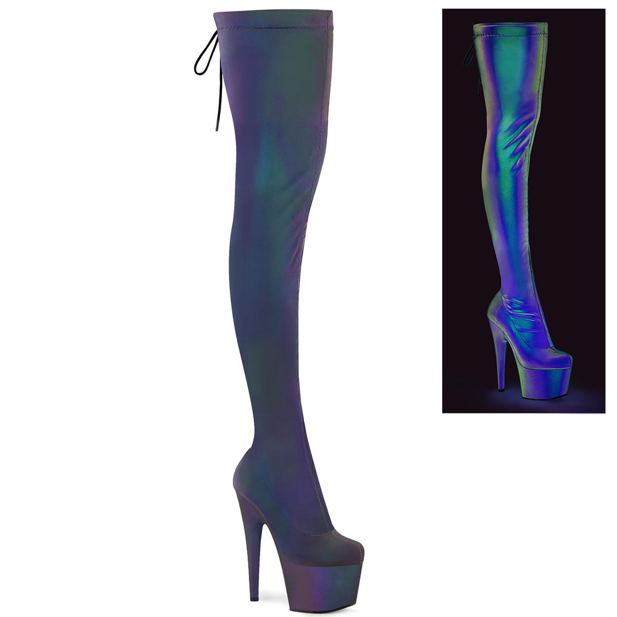 Pleaser ADORE-3008REFL Damen Plateau Stretch Overknee Pull On Stiefel
