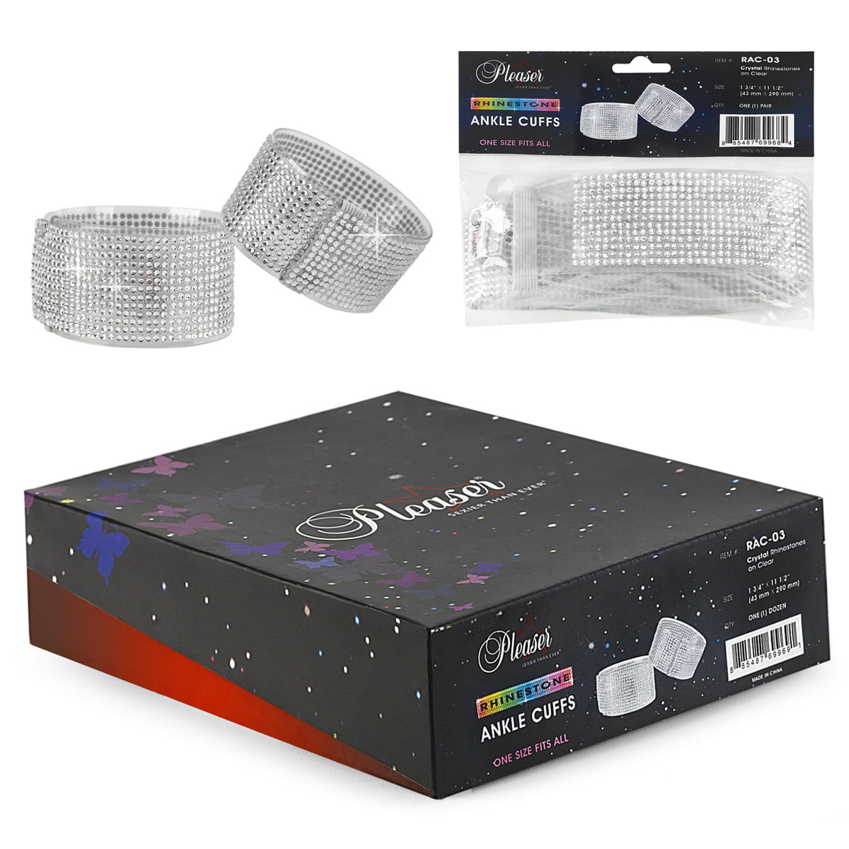 Pleaser RAC-03 Strass Fußfesseln 4,5 x 29 cm Silber Transparent