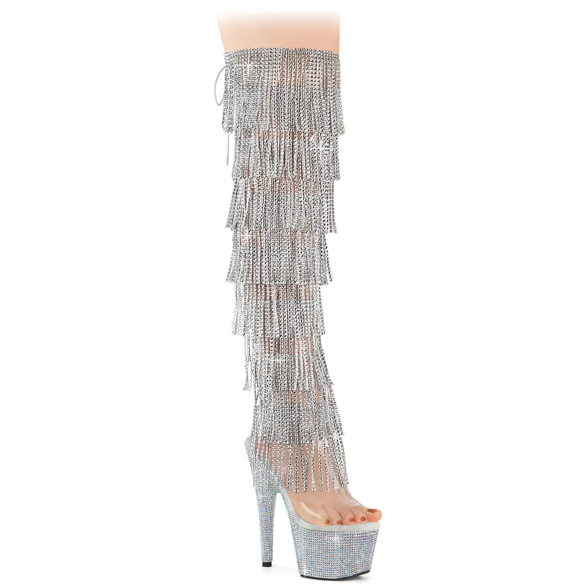 Pleaser BEJEWELED-3019C-RSF Damen Plateau Overknee Stiefel mit Fransen und Strassstein