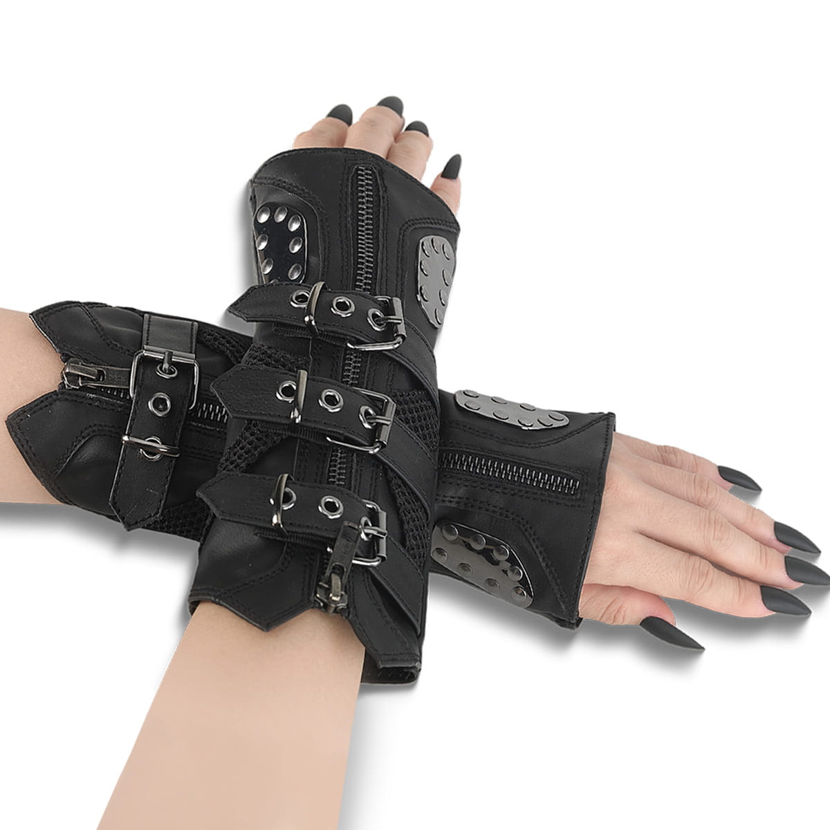 DemoniaCult DA-457 Armstulpen Stretch Kunstleder mit Riemen Schwarz