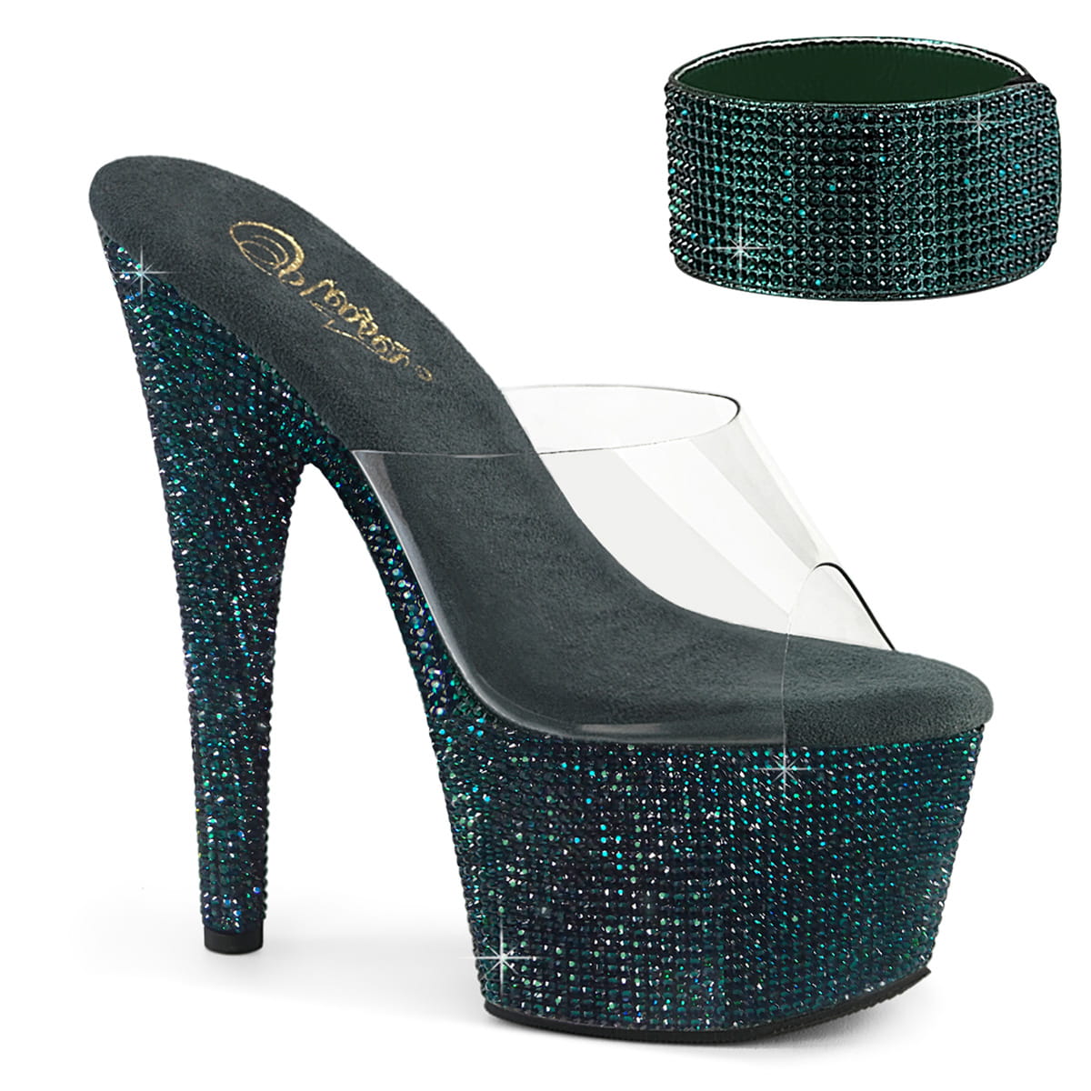 Pleaser BEJEWELED-712RS Damen Slipper Transparent Dunkelgrün EU 39