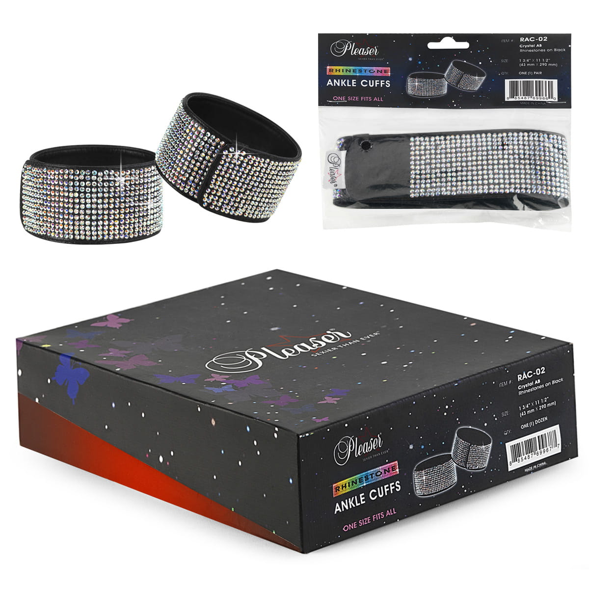 Pleaser RAC-02 Strass Fußfesseln 4,5 x 29 cm Silber Schwarz