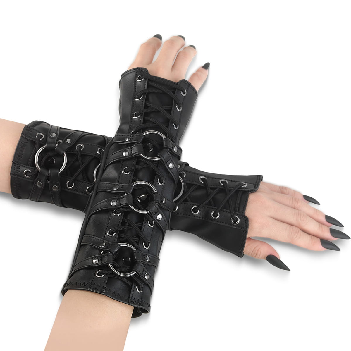 DemoniaCult DA-462 Armstulpen Stretch Kunstleder mit Ringen Schwarz